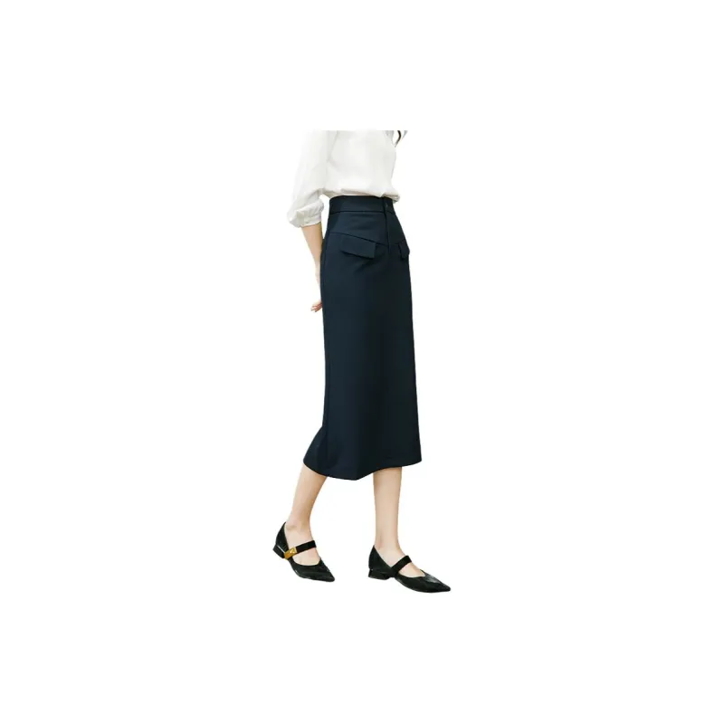 Late White Casual Long Skirts Women's Dark Blue-6