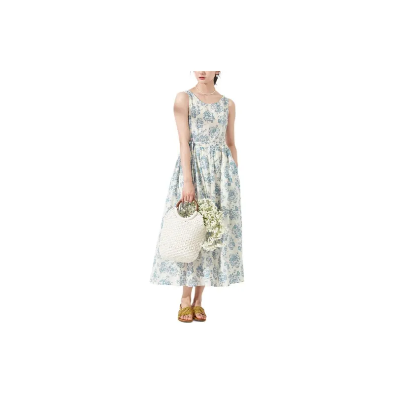 ZIMO Sleeveless Dress Women's Blue Floral Pattern-1