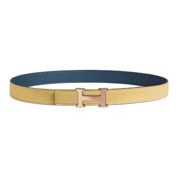 HERMES Rose Gold-Plated Calfskin Metal Leather Belts Unisex Yellow/Navy Width 2.4CM