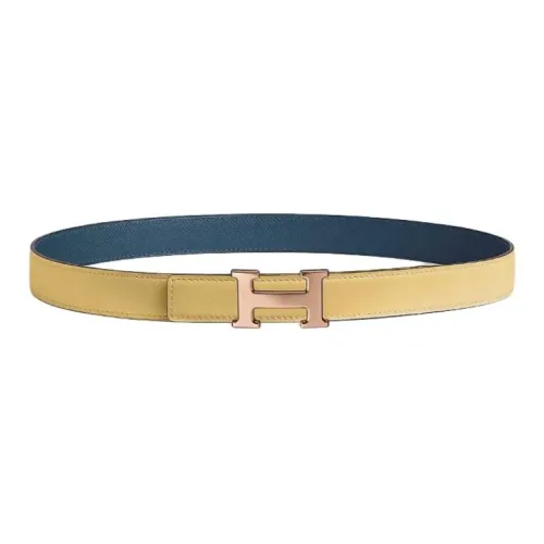 HERMES Rose Gold-Plated Calfskin Metal Leather Belts Unisex Yellow/Navy Width 2.4CM