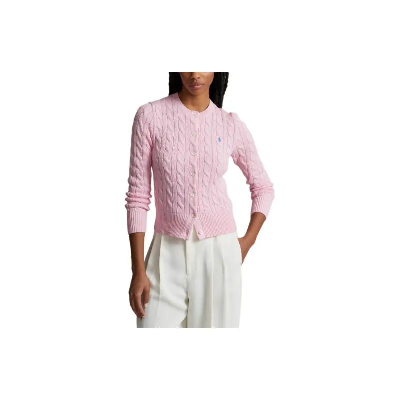 Polo Ralph Lauren Cable Knit Cotton Crewneck Cardigan Knitwear Women's Pink-3