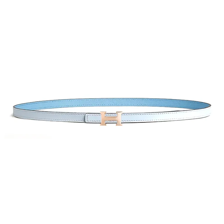HERMES Calfskin Palladium-Plated Leather Belts Women's Blue/Light Blue Width 1.3CM-0