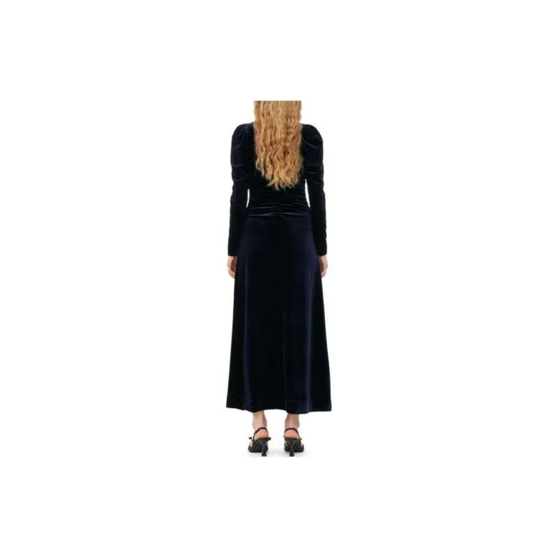 GANNI Velvet Jersey Long Dress Long-Sleeved Dresses Women's Blue-3