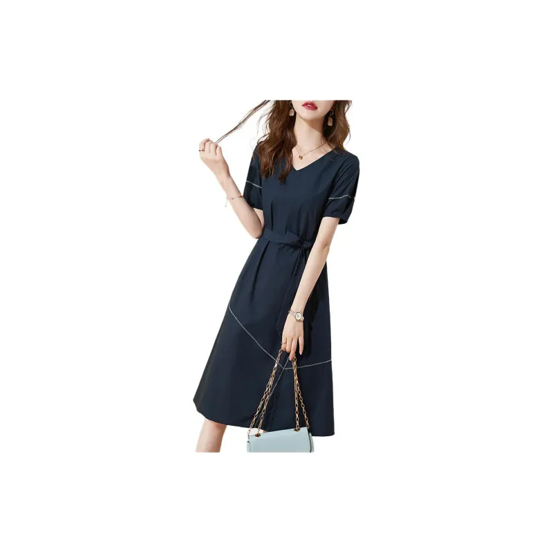 Mo Han Yi Mei Short Sleeved Dress Women's Navy Blue-2