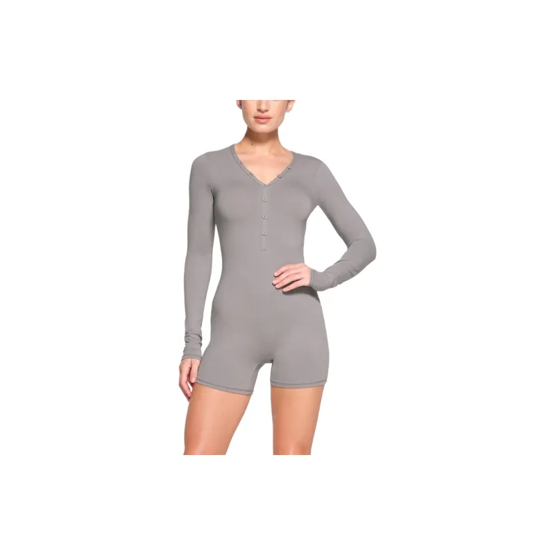 SKIMS COTTON JERSEY BUTTON UP HENLEY ONESIE Bodysuits Women's PACIFIC/Pacific Blue-1