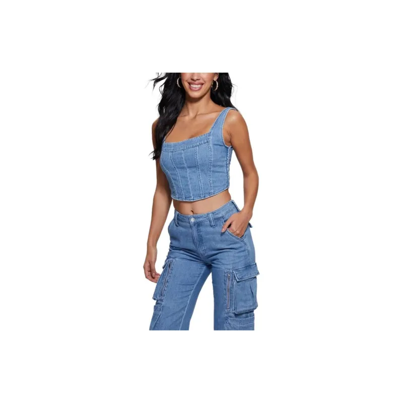 GUESS Denim Bustier Tank Tops Women's Blue-2