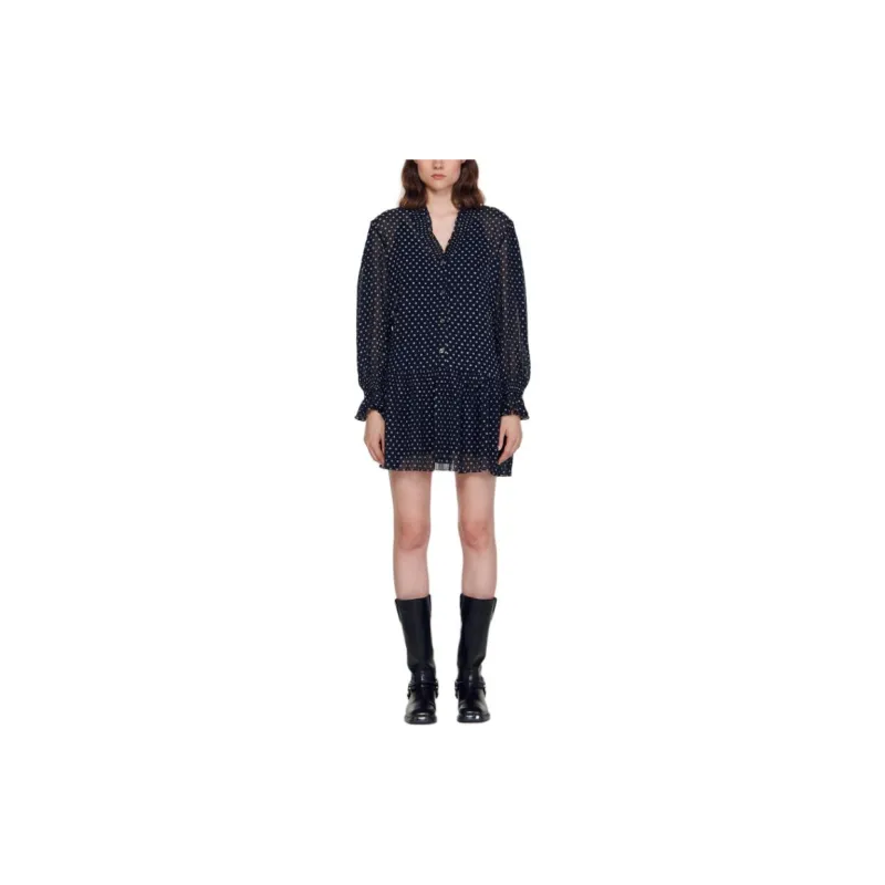 Sandro Short Polka Dot Dress Long-Sleeved Dresses Women's Blue-2