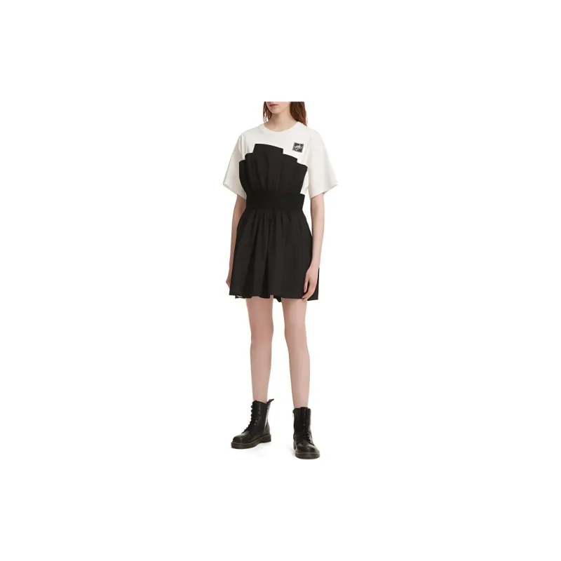 Mini Cream Short-Sleeved Dresses Women's Black-4