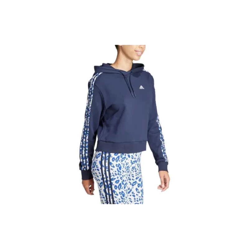 Adidas Essentials 3-Stripes Animal Print Relaxed Hoodie Sweatshirt Women's Marine Blue-3