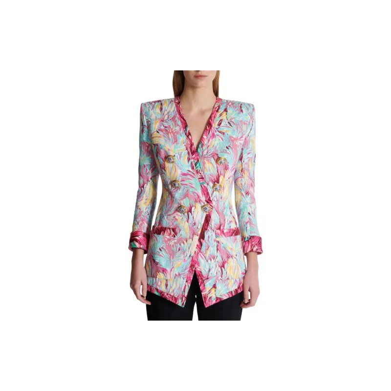 BALMAIN Feather Printed Long 6 Button Jacket-2
