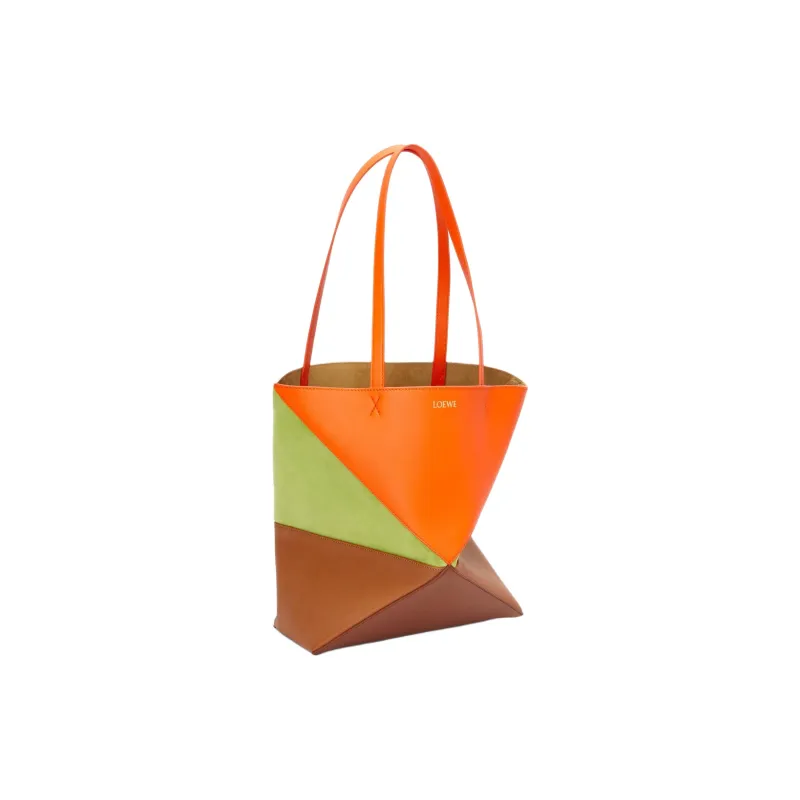 LOEWE Calfskin With Suede Tote Bag, Shopping Bag, Handbag Medium Size Women's Bright Orange & Prairie Green-1