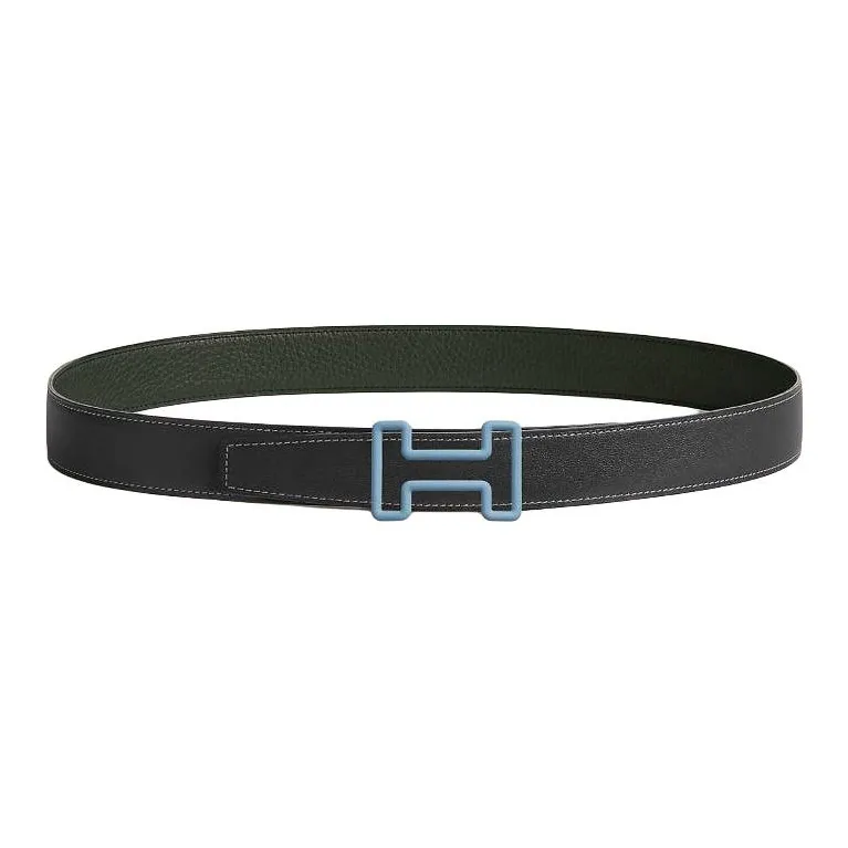 HERMES Calfskin Leather Belts Men's Gray Green Width 3.2CM-1