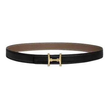 HERMES Calfskin Metal Gold-Plated Leather Belts Unisex Black/Taupe Width 2.4CM