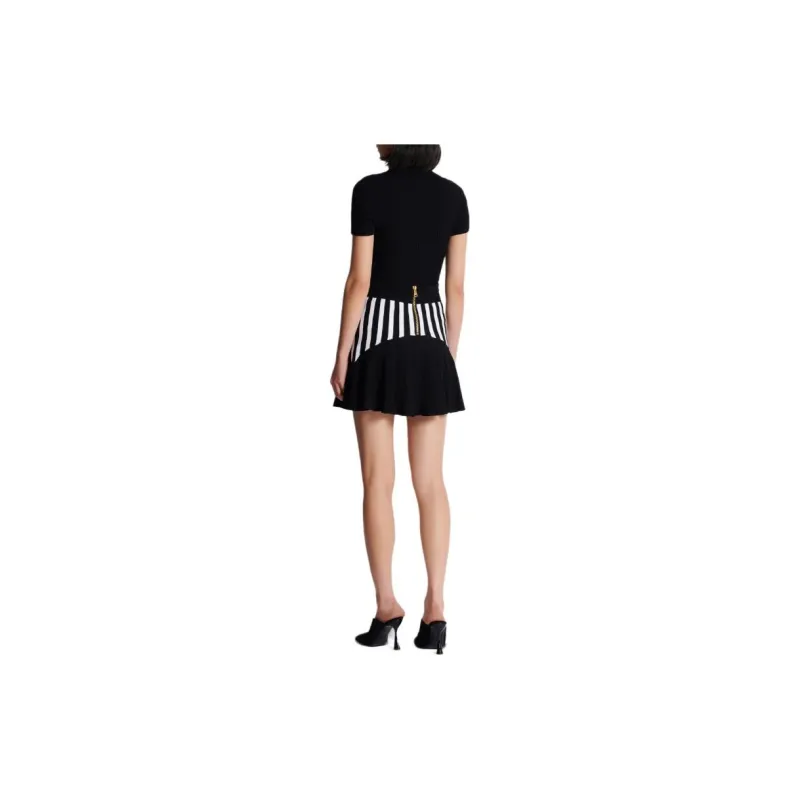 BALMAIN Pleated Striped Knit Skirt-2