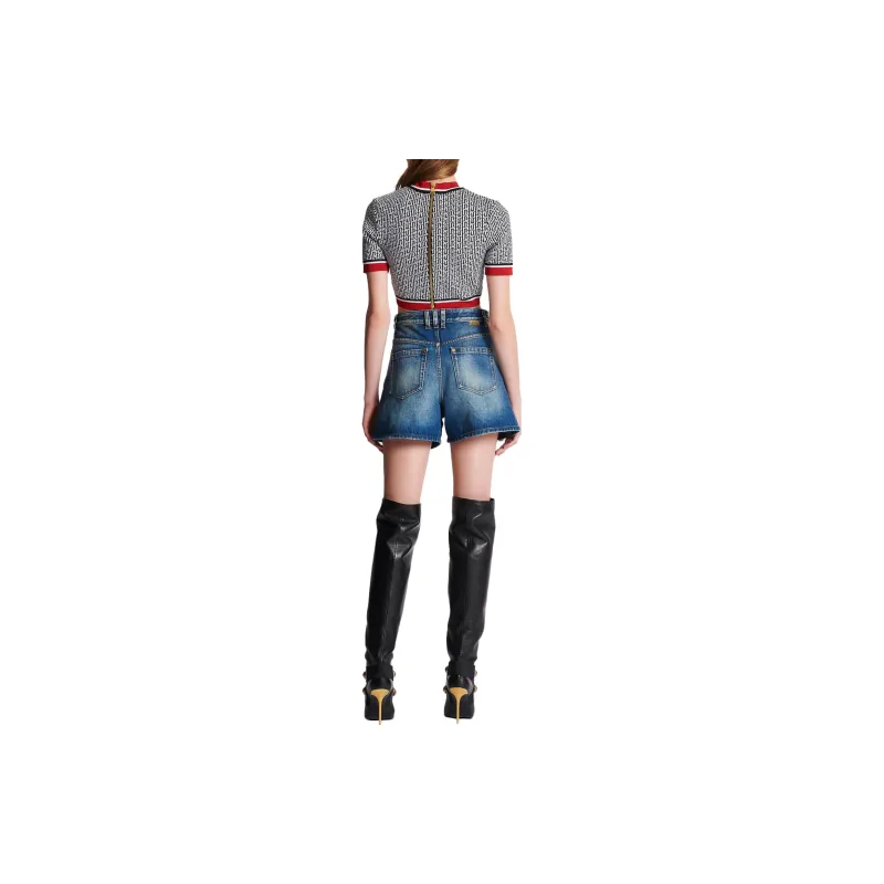 BALMAIN Jacquard Monogrammed Crop Top 'Black/White/Red'-4