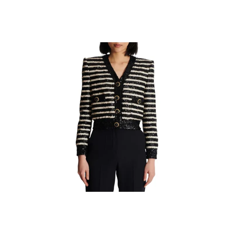 BALMAIN Striped Sequinned Cropped Jacket-1
