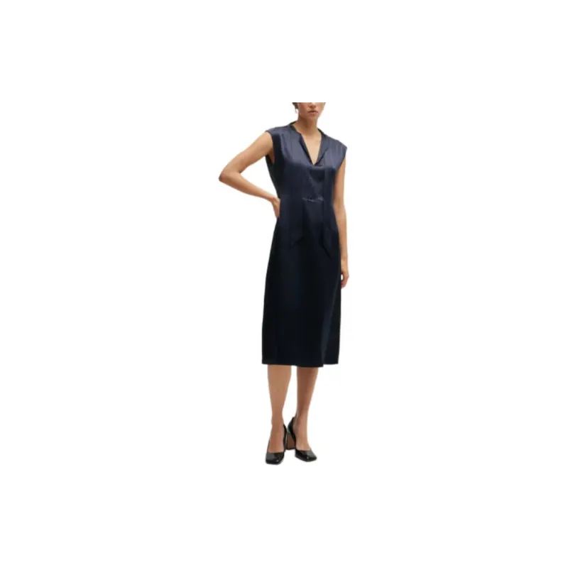 HUGO BOSS Sleeveless Silk Dress With Tie Neckline Sleeveless Dress Women's Dark Blue-1
