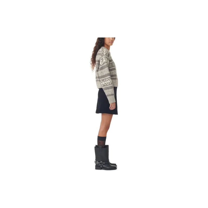 GANNI FW23 Lambswool Cropped O-Neck Pullover Sweater Women's Gray-3
