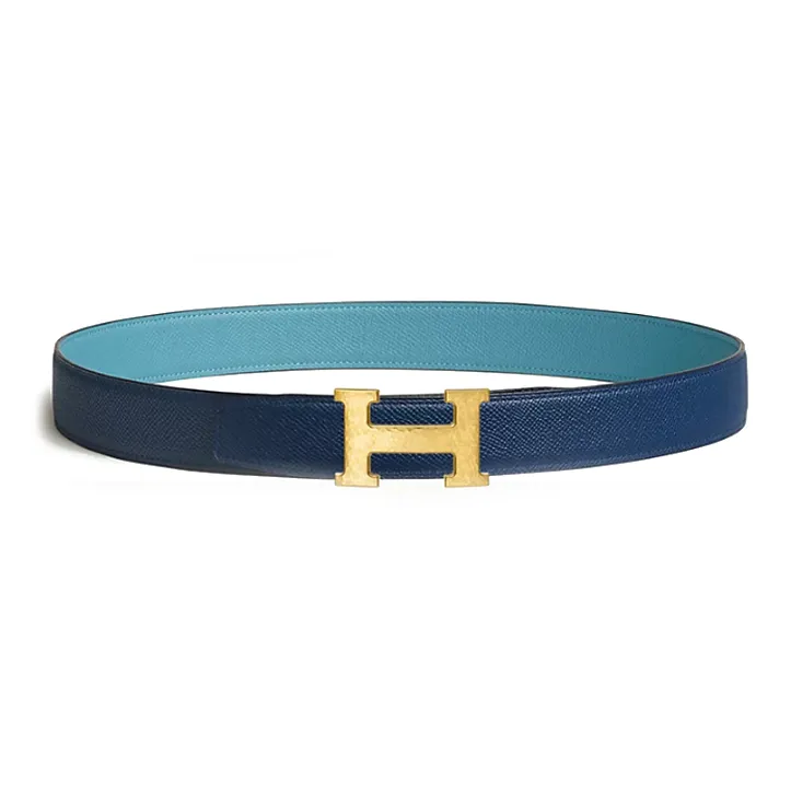 HERMES Calfskin Metal Leather Belts Men's Blue/Light Blue Width: 3.2CM-1
