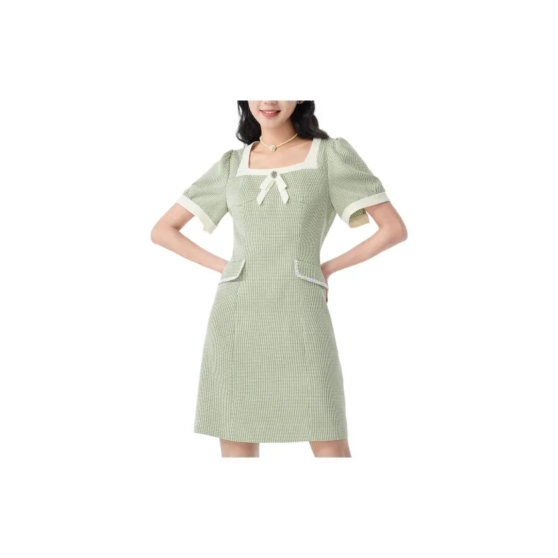 EICHITOO Short Sleeved Dresses Women's Light Green Plaid-1