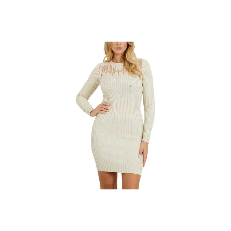 GUESS Rhinestones Mini Sweater Dress Long-Sleeved Dresses Women's White-1