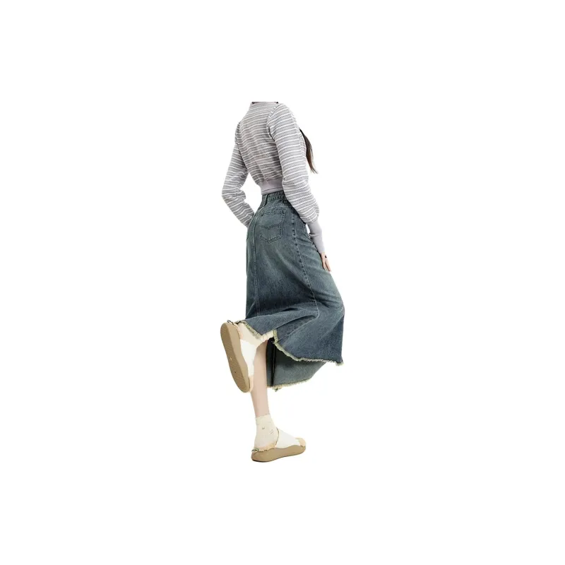 Lizisw Denim Long Skirt Women's Blue-3