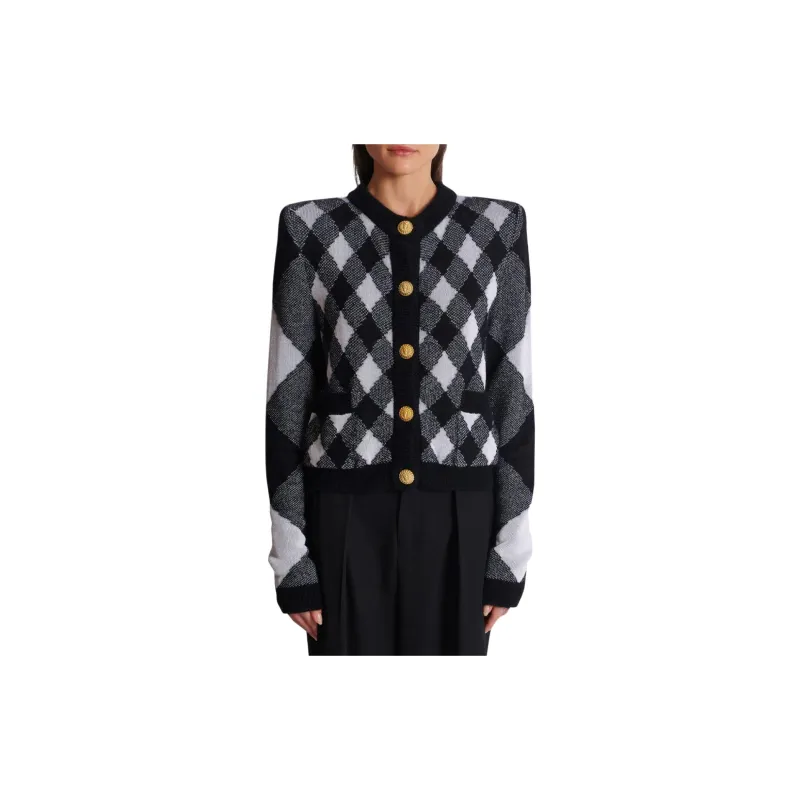 BALMAIN Check Patterned Round Neck Cardigan-4