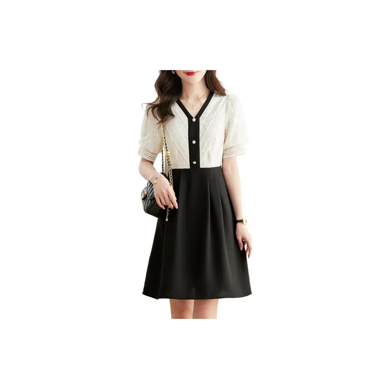 Still Quiet Short Sleeved Dress Women's Beige+Black-2