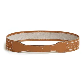 HERMES Calfskin Canvas Leather Belts Women's Brown Width 2.4CM
