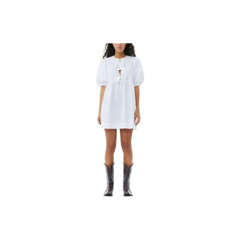 GANNI Cotton Poplin Tie String Mini Dress-1