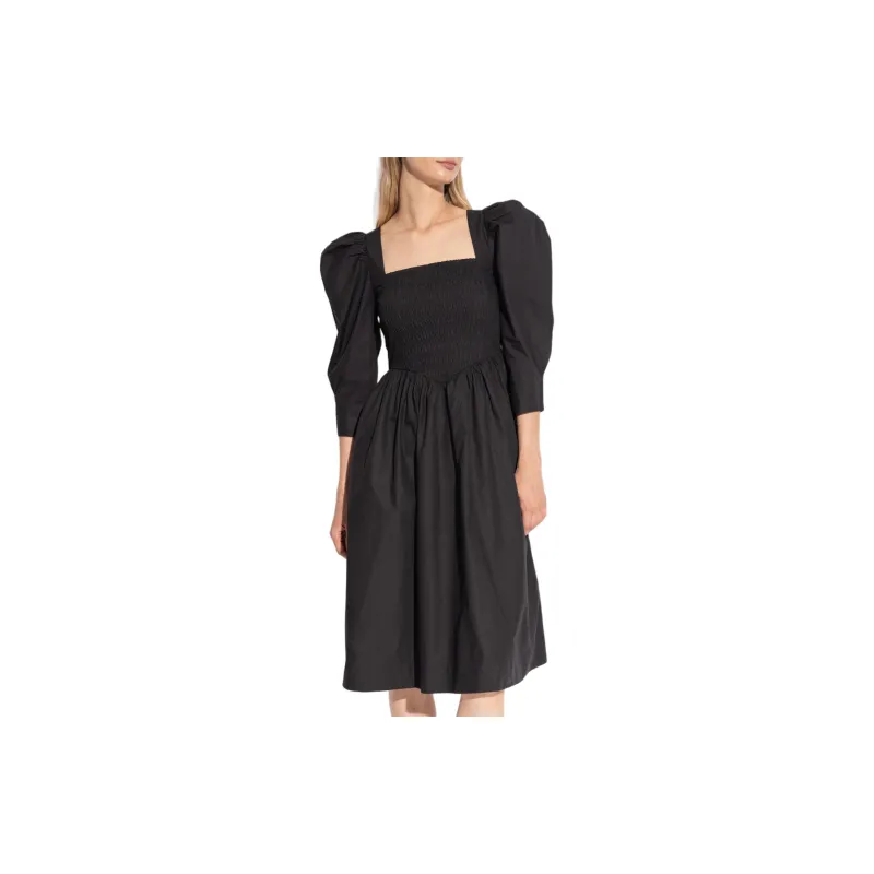GANNI Ruched Square Neck Ribbon Back Dress-1