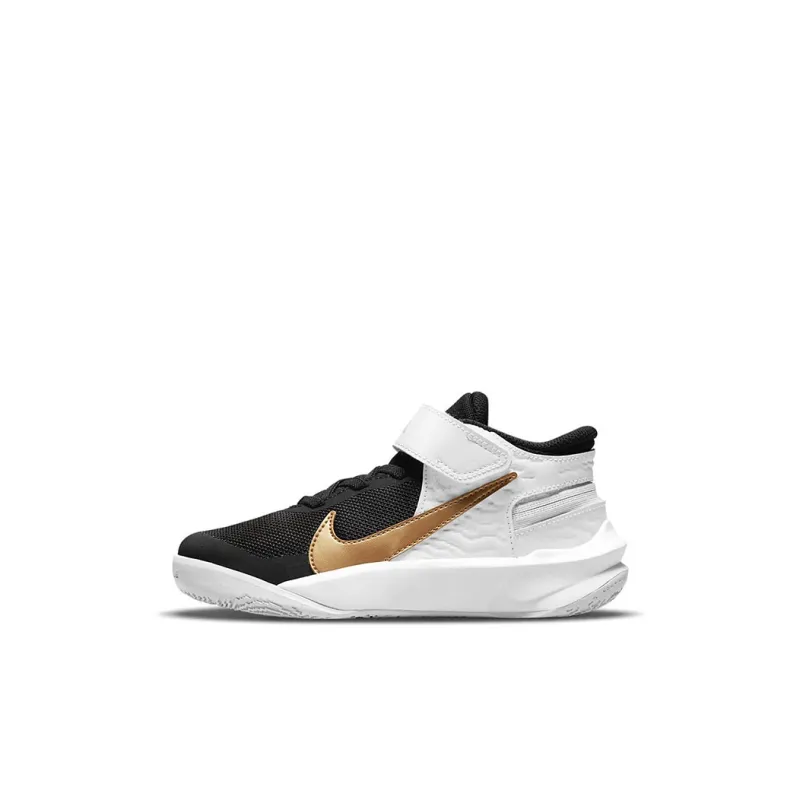 Nike Team Hustle D 10 FlyEase Abrasion Resistant Mid Top Basketball Shoes White Gold Black Children Aged 3 7 Years Old-0