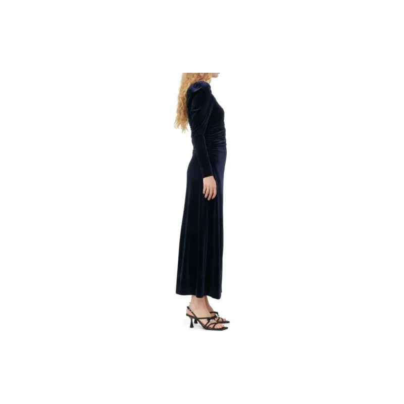 GANNI Velvet Jersey Long Dress Long-Sleeved Dresses Women's Blue-4