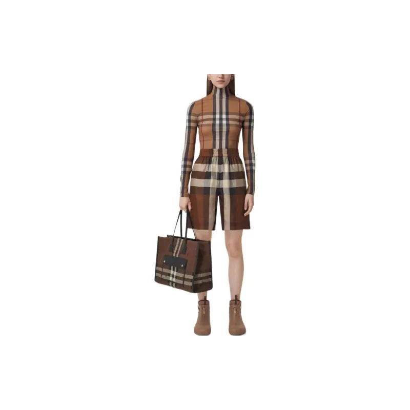Burberry FW22 Woman's Stretch Jersey With Tartan Motif Top Brown-1