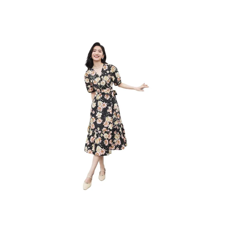 Hopeshow Short Sleeved Dress Women's Black Sole Pink Floral-1