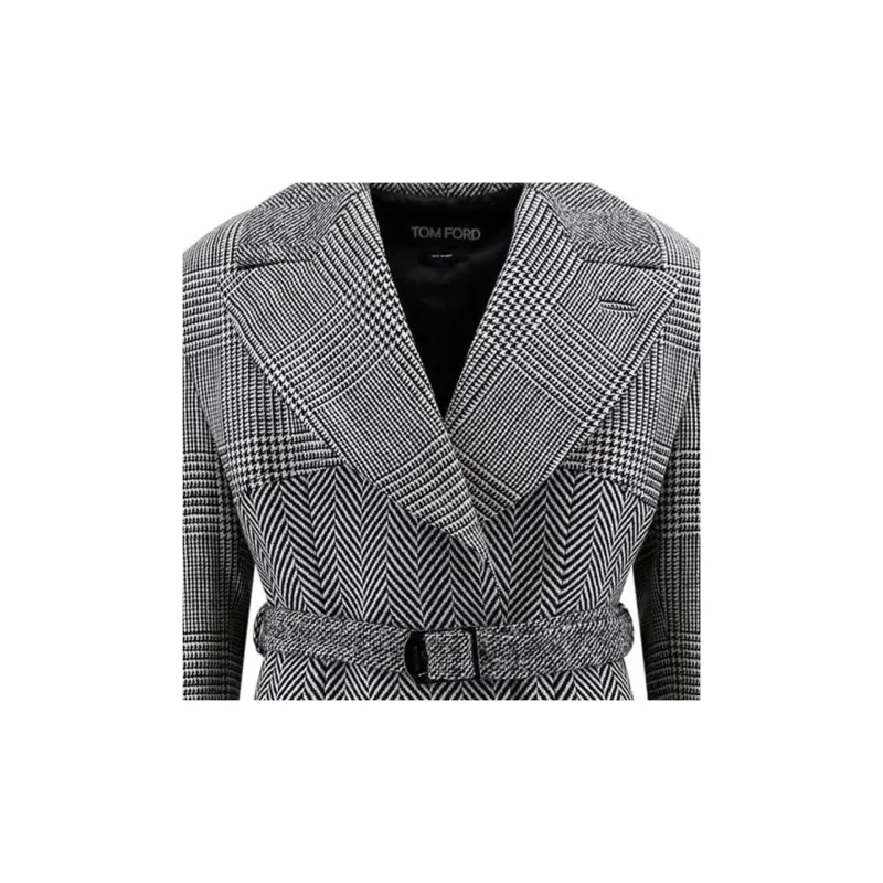 TOM FORD Houndstooth Pattern Straight Hem Belted Coat-4