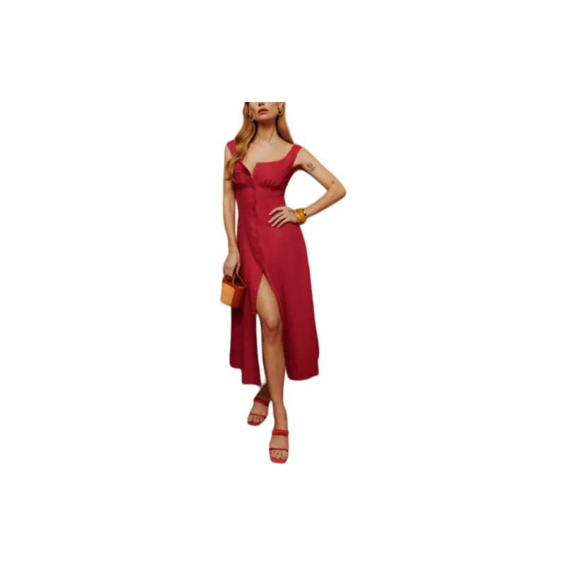 REFORMATION Louisa Linen Dress Slip Dresses Women's Cherry Color-1