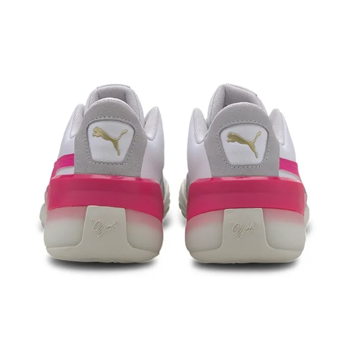 PUMA Clyde Hardwood Anti-Slip Wear-Resistant Mid-Top Performance Basketball Shoes White Pink Teenagers-3