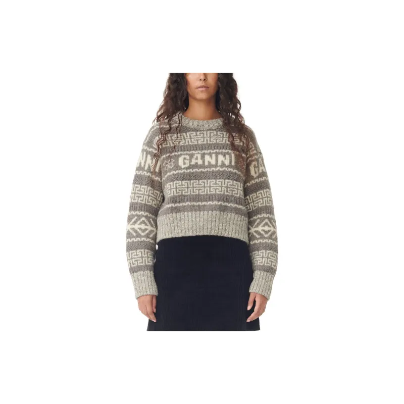 GANNI FW23 Lambswool Cropped O-Neck Pullover Sweater Women's Gray-5