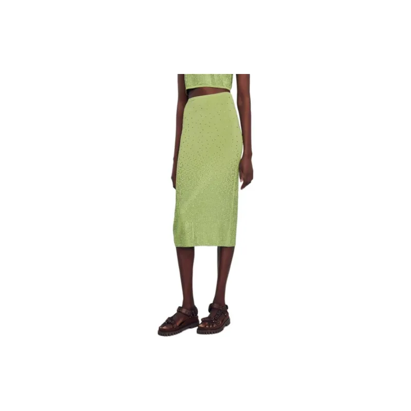 Sandro Rhinestone Embellished Midi Skirt Casual Long Skirt Women's Green-3