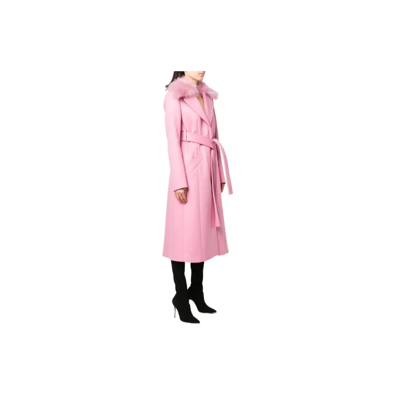 Blumarine Tied Waist Faux Fur Collared Long Coat-3