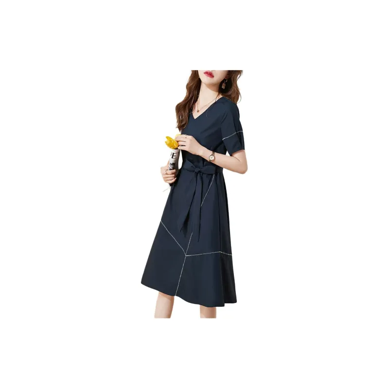 Mo Han Yi Mei Short Sleeved Dress Women's Navy Blue-3