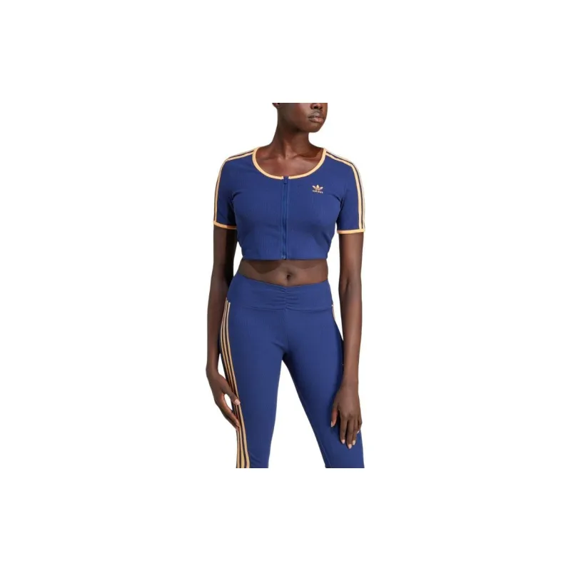 adidas originals Full-Zip Ribbed Short-Sleeved Top Blue-3