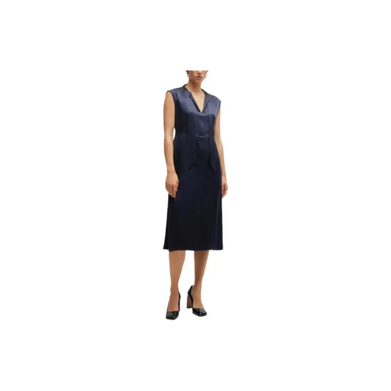 HUGO BOSS Sleeveless Silk Dress With Tie Neckline Sleeveless Dress Women's Dark Blue-2
