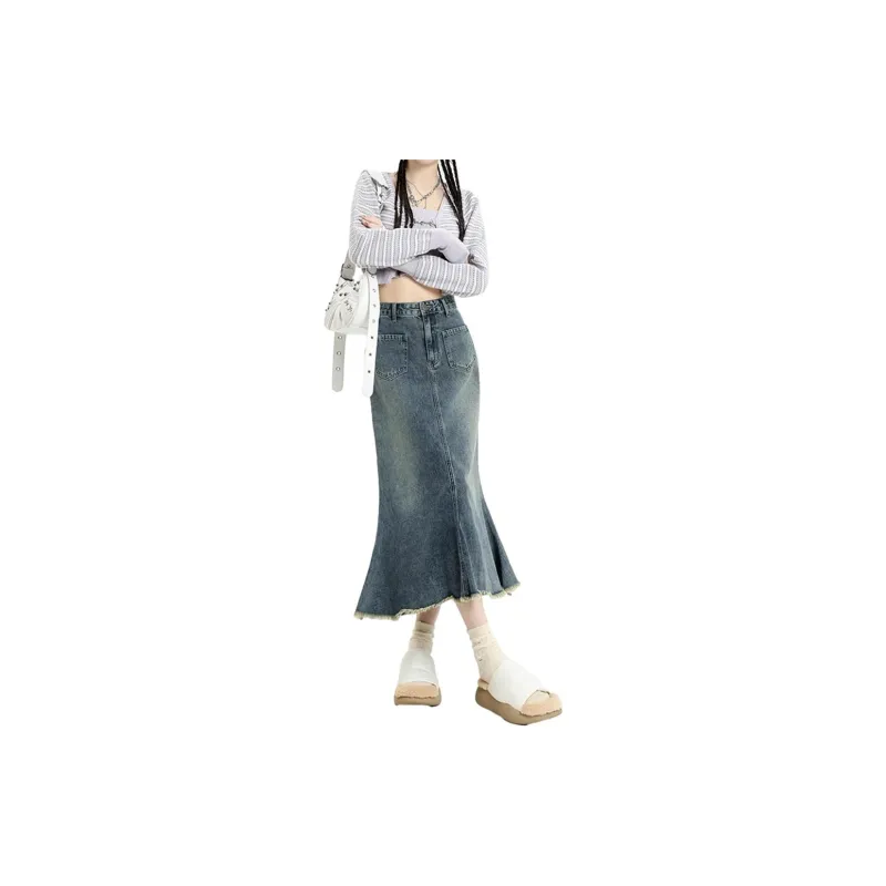Lizisw Denim Long Skirt Women's Blue-1