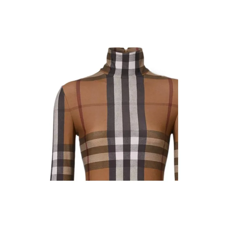 Burberry FW22 Woman's Stretch Jersey With Tartan Motif Top Brown-4