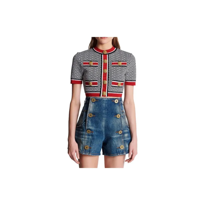 BALMAIN Jacquard Monogrammed Crop Top 'Black/White/Red'-5