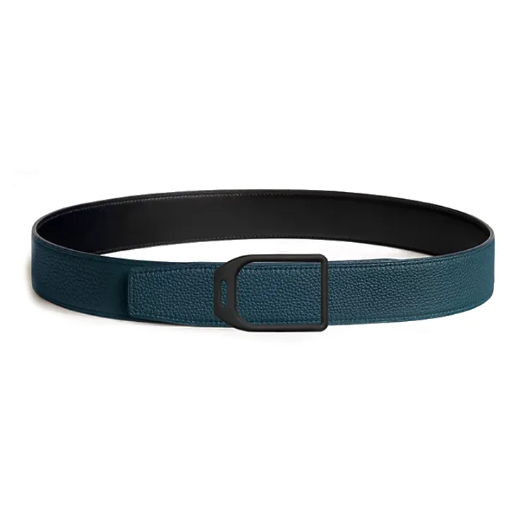 HERMES Calfskin, Metal Leather Belts Men's Black/Blue Width 3.8CM-1