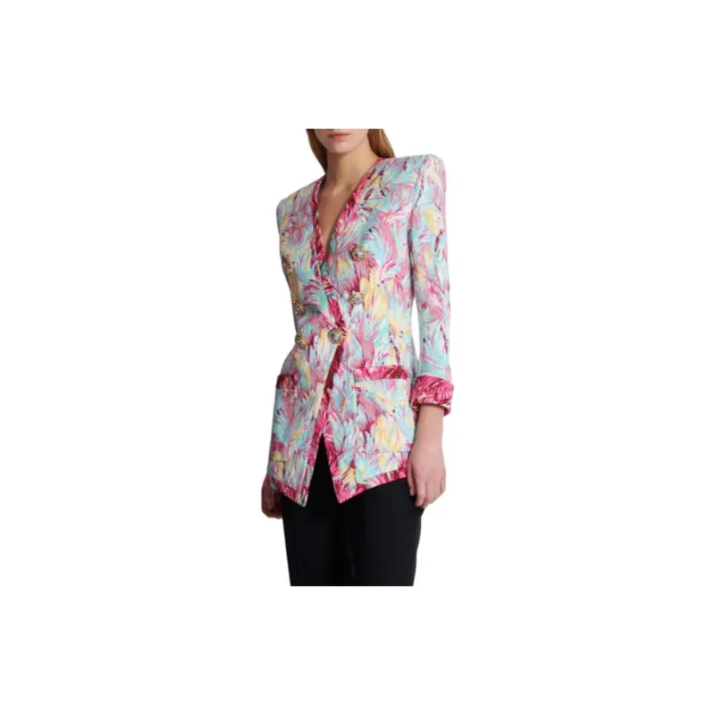 BALMAIN Feather Printed Long 6 Button Jacket-4