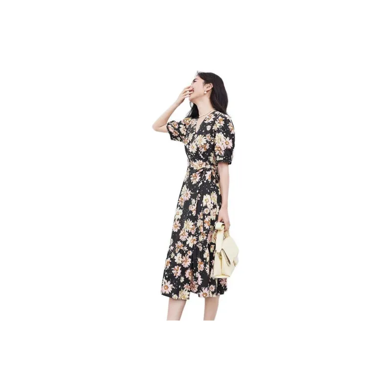 Hopeshow Short Sleeved Dress Women's Black Sole Pink Floral-4